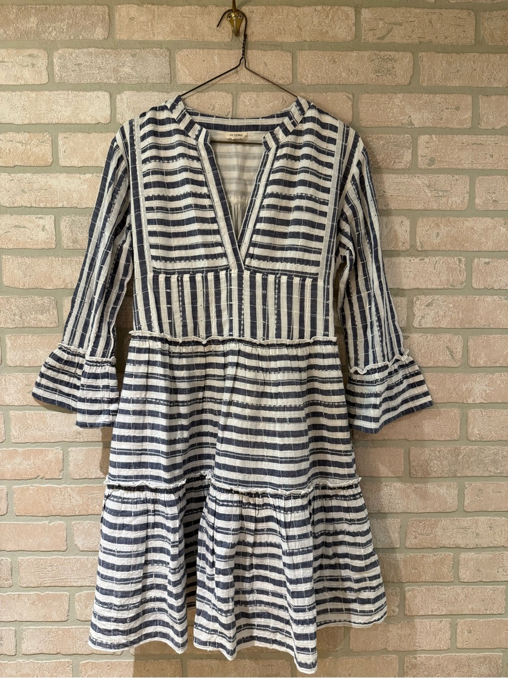100% Cotton Navy and White Striped Tiered Babydoll Dress with Bell Sleeves